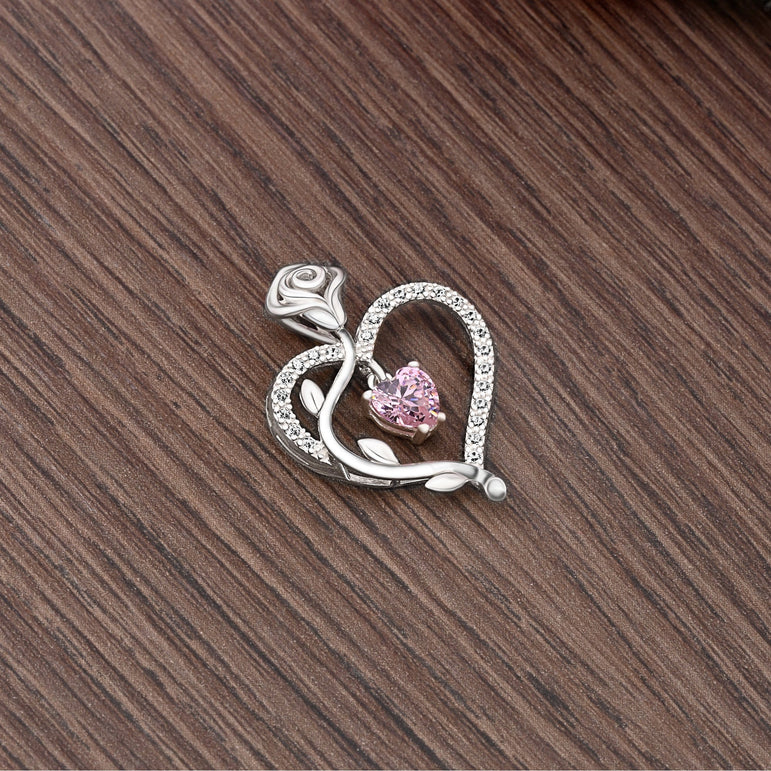 Sterling Silver Rose Heart Pendant with Pink CZ Pendant
