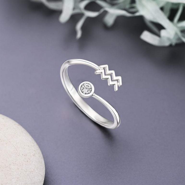 Aquarius Ring Sterling Silver Adjustable Zodiac Sign Ring Ring