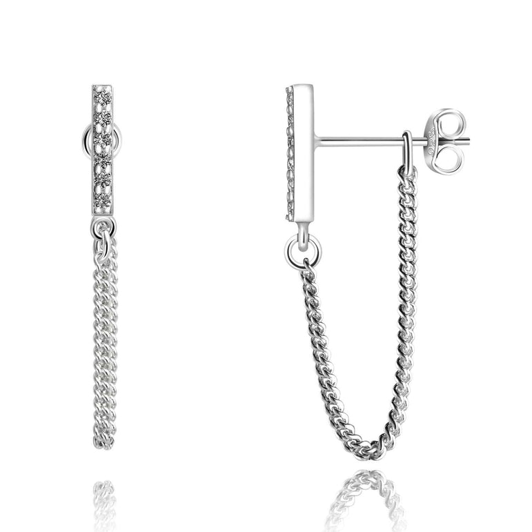 CZ Bar Dangling Stud Earrings Sterling Silver