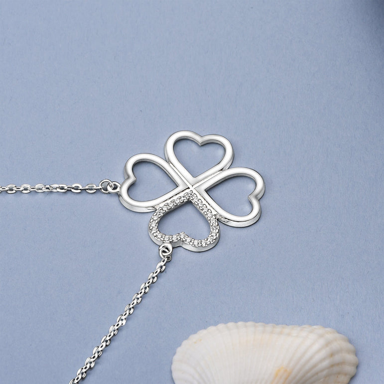 CZ Four Leaf Heart Shaped Clover Necklace Silver Pendant Necklace