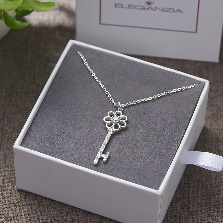 CZ Flower Key Necklace Silver Pendant Necklace