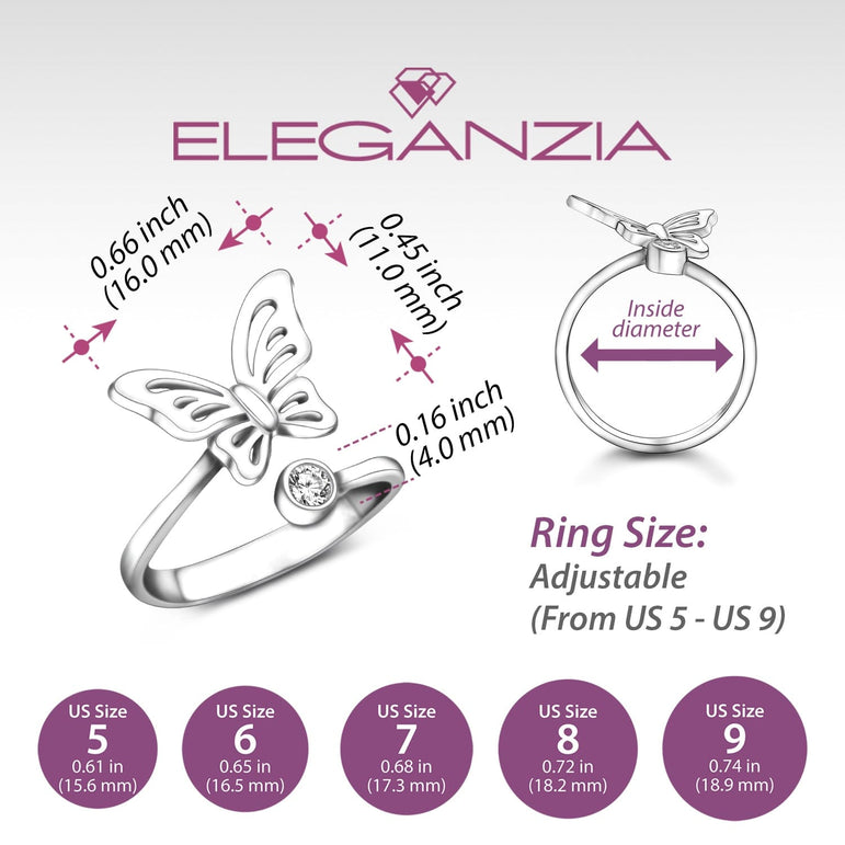 Simple Butterfly Ring Silver CZ Open Bypass Ring Adjustable Adjustable Ring