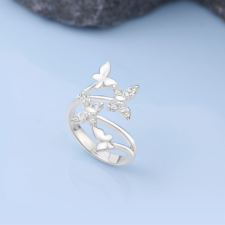 Four Flying Butterfly Ring Silver Adjustable with CZ Adjustable Ring