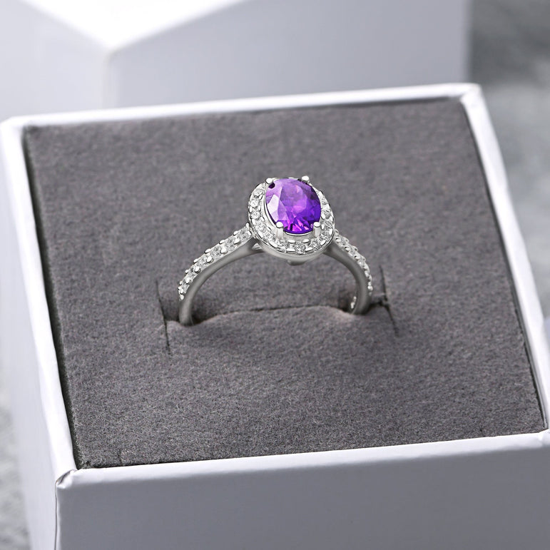 Amethyst Engagement Ring Vintage Halo Ring Wedding Band Promise Ring