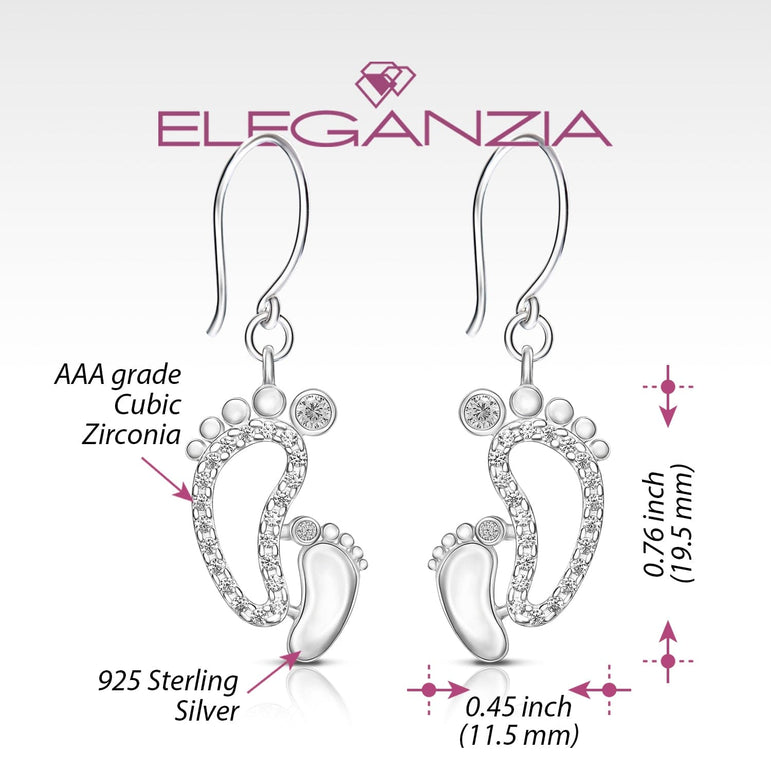 CZ Mom and Baby Feet Silver Dangle Earrings Drop Earrings