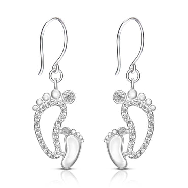 CZ Mom and Baby Feet Silver Dangle Earrings Drop Earrings