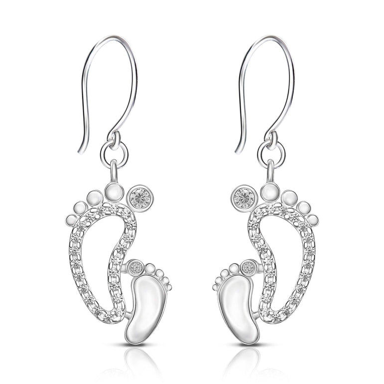 CZ Mom and Baby Feet Silver Dangle Earrings Drop Earrings