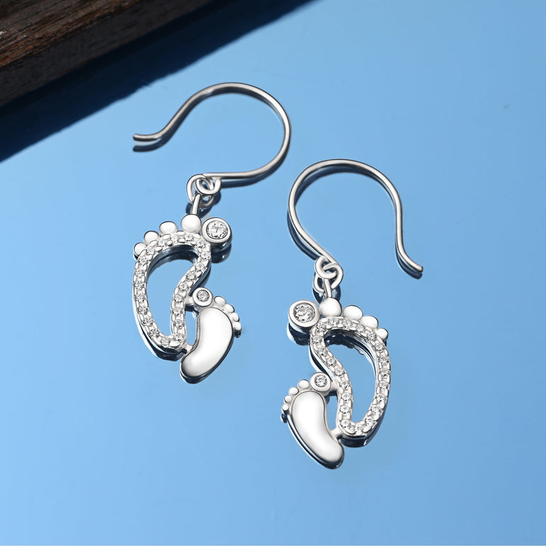 CZ Mom and Baby Feet Silver Dangle Earrings Drop Earrings