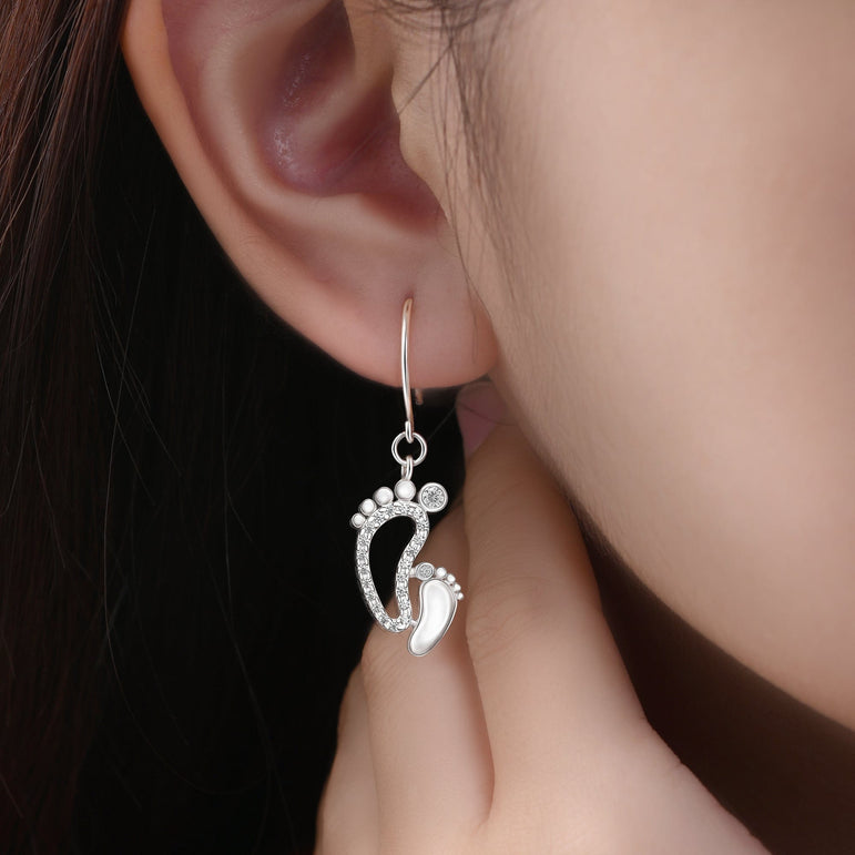 CZ Mom and Baby Feet Silver Dangle Earrings Drop Earrings