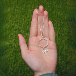 Geometric Honeycomb Pendant with Bee Pendant Silver Pendant