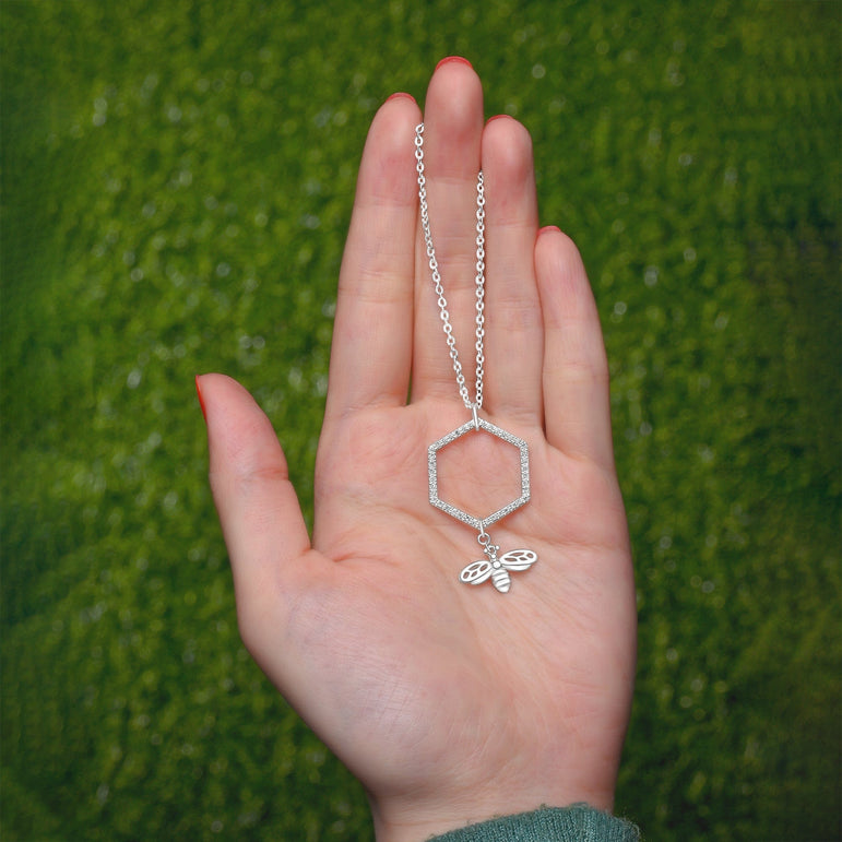 Geometric Honeycomb Pendant with Bee Pendant Silver Pendant
