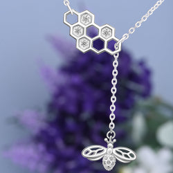 CZ Honeycomb Necklace with Bee Necklace Charm Silver Pendant Necklace
