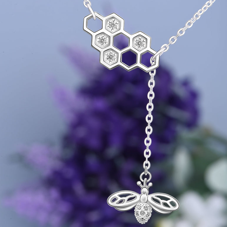 CZ Honeycomb Necklace with Bee Necklace Charm Silver Pendant Necklace