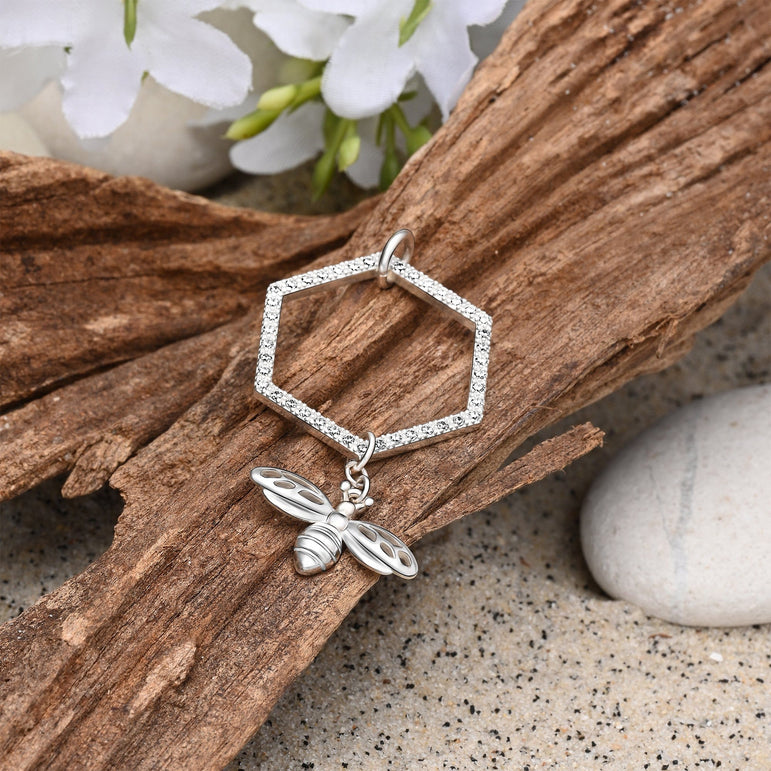 Geometric Honeycomb Pendant with Bee Pendant Silver Pendant