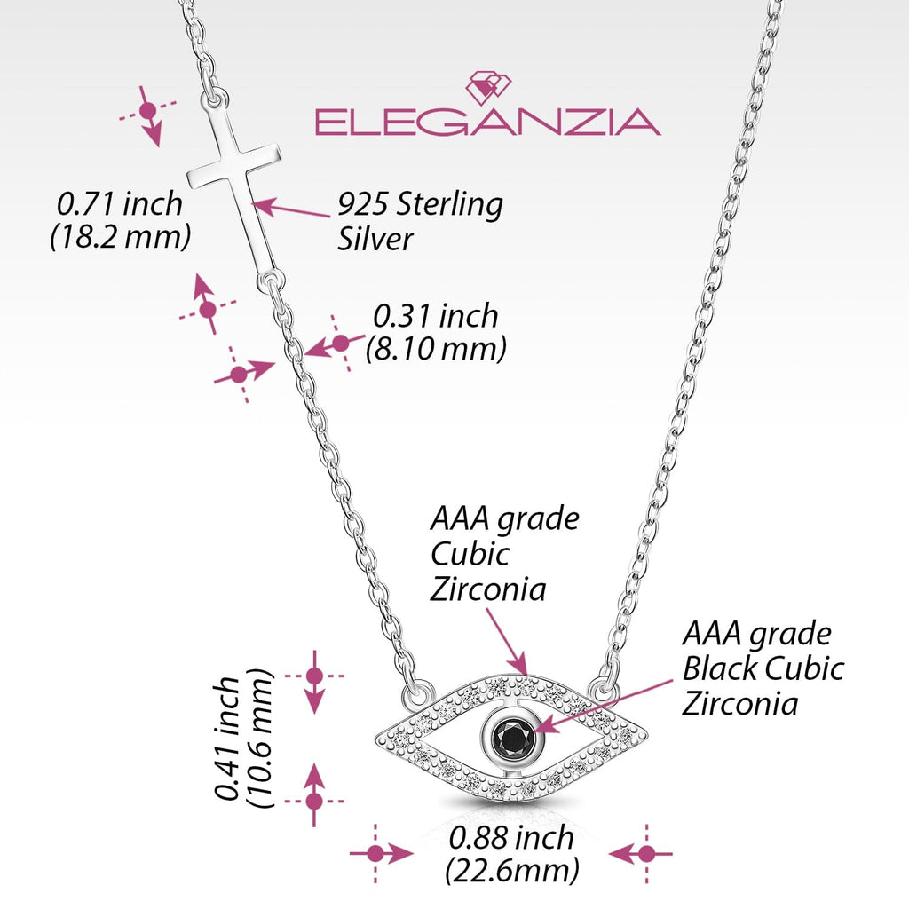 CZ Evil Eye Necklace Sterling Silver Cross Charm - Eleganzia Jewelry