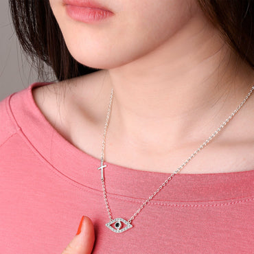 CZ Evil Eye Necklace with Sterling Silver Cross Charm Pendant Necklace