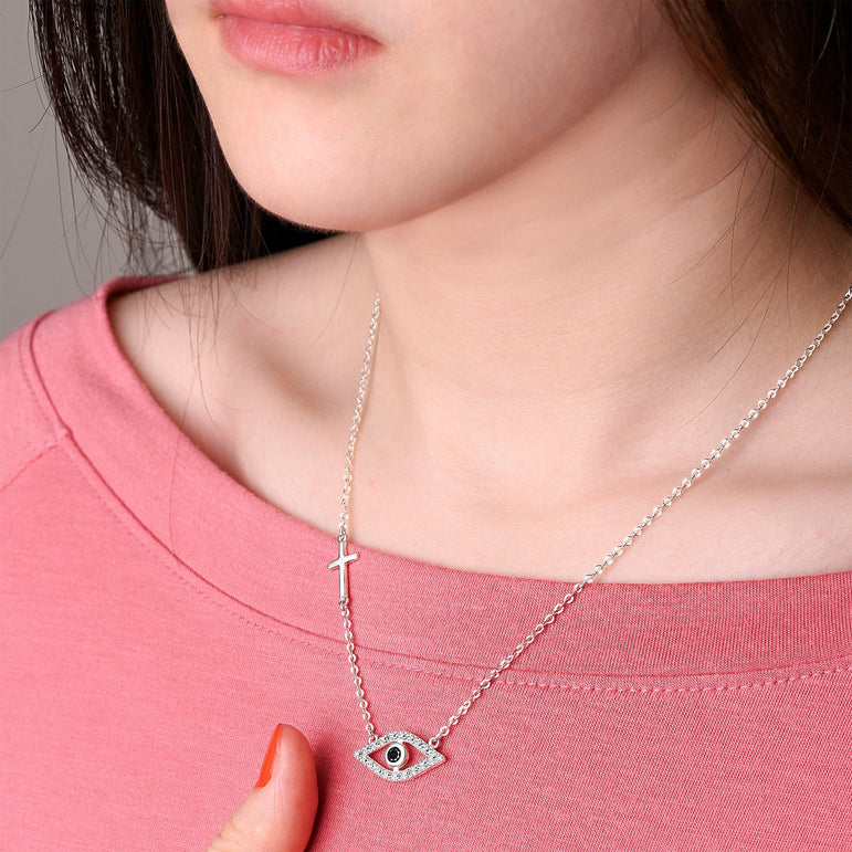 CZ Evil Eye Necklace with Sterling Silver Cross Charm Pendant Necklace