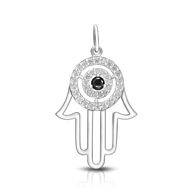 Black CZ Evil Eye Pendant in Sterling Silver Hamsa Hand Pendant