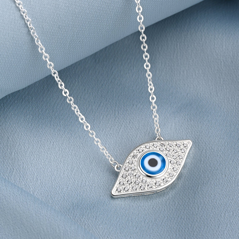 CZ Evil Eye Necklace Sterling Silver with Blue Evil Eye Bead Pendant Necklace