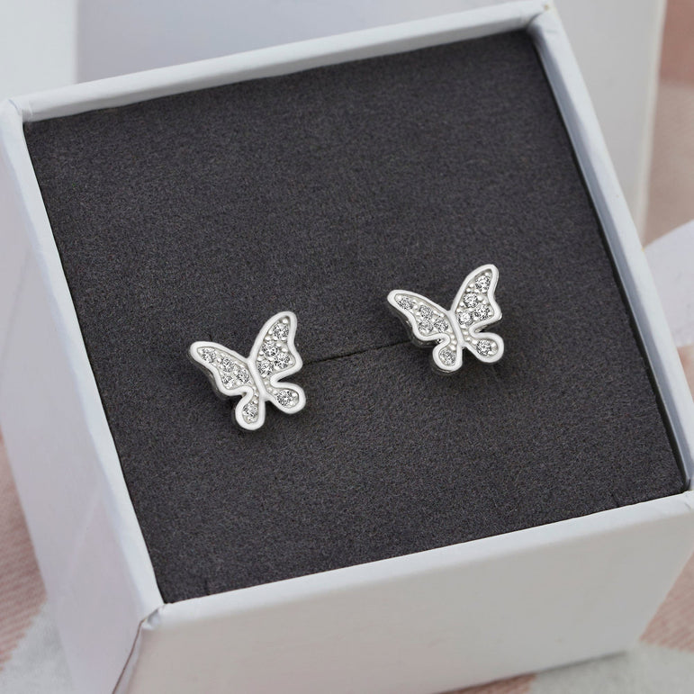 Dazzling CZ Butterfly Earrings Studs Sterling Silver Stud Earrings