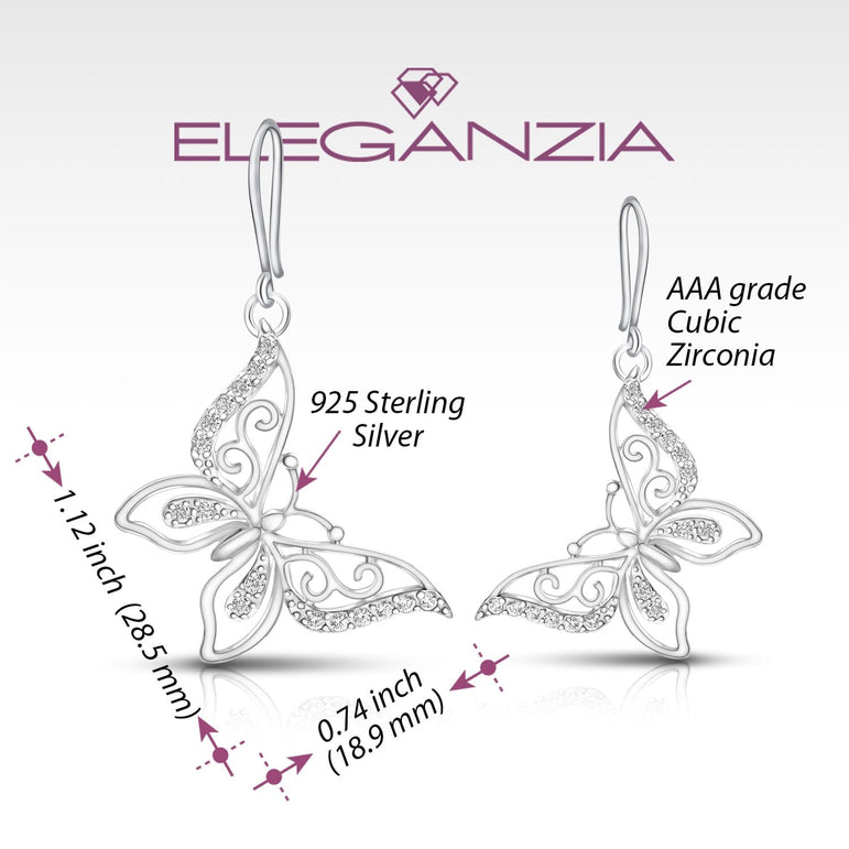 CZ Butterfly Earrings Silver Dangle Earrings Drop Earrings
