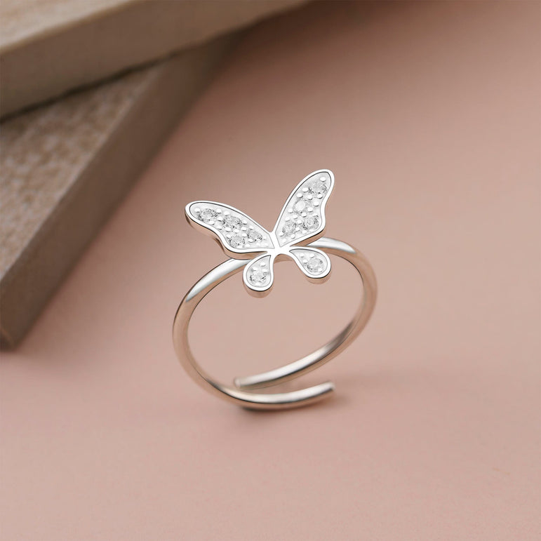 Dazzling CZ Butterfly Sterling Silver Ring Adjustable Ring