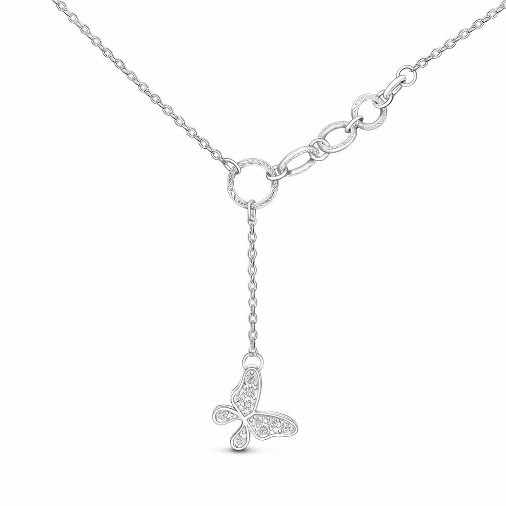 CZ Butterfly Lariat Y Necklace Sterling Silver - Eleganzia Jewelry