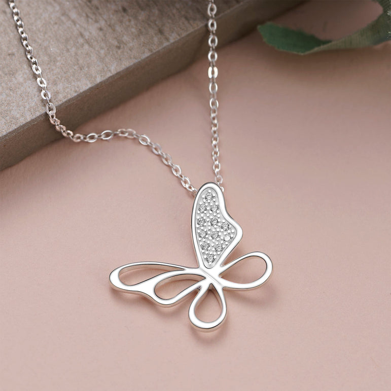 CZ Open Wings Butterfly Silver Necklace Necklaces