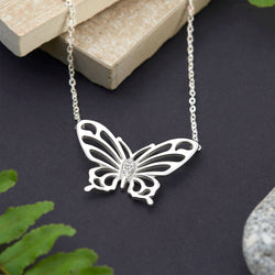Simple CZ Butterfly Silver Necklace Pendant Necklace