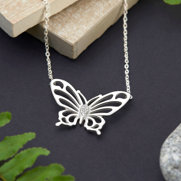 Simple CZ Butterfly Silver Necklace Pendant Necklace