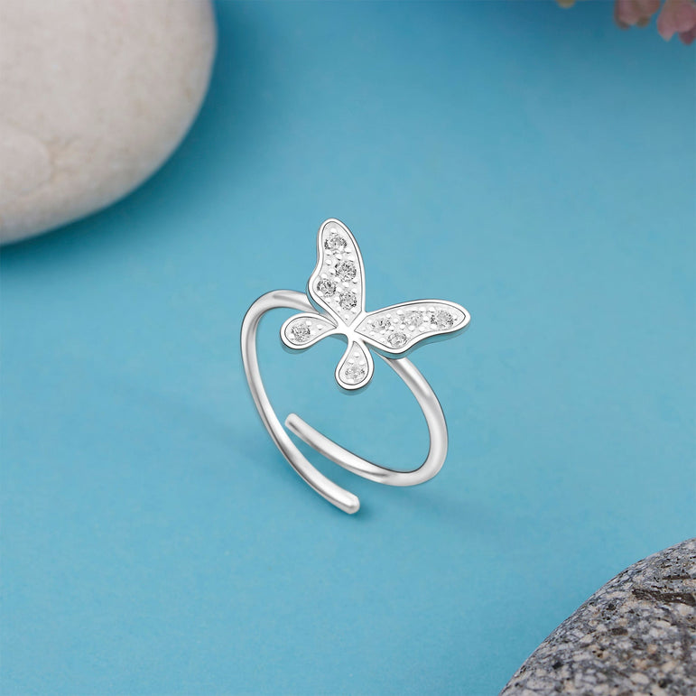 Dazzling CZ Butterfly Sterling Silver Ring Adjustable Ring