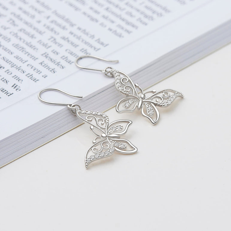CZ Butterfly Earrings Silver Dangle Earrings Drop Earrings
