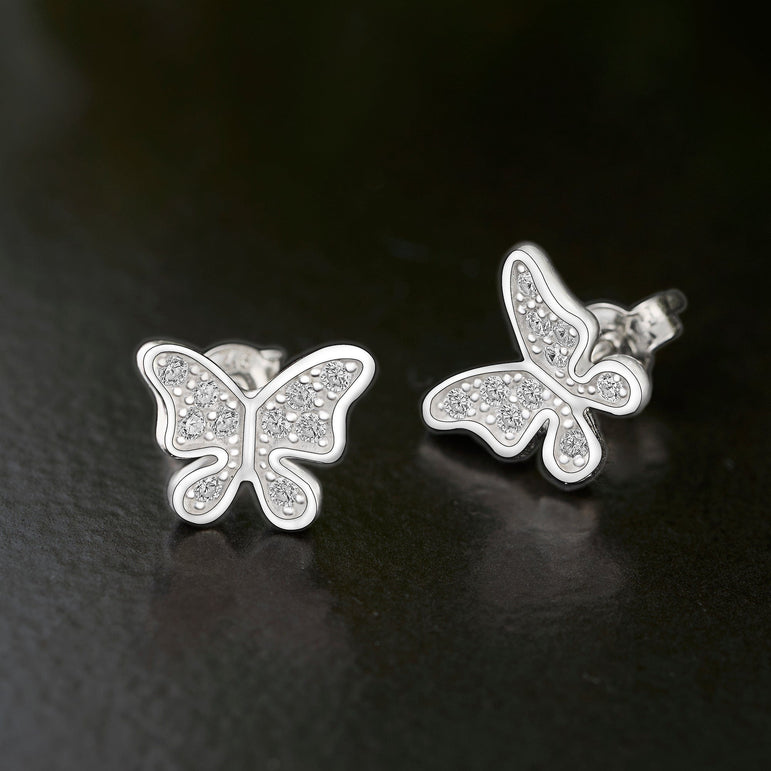 Dazzling CZ Butterfly Earrings Studs Sterling Silver Stud Earrings