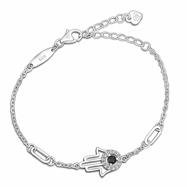 Black CZ Evil Eye Bracelet in Sterling Silver Hamsa Hand Bracelet