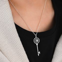 Circle Compass Key Necklace Silver Pendant Necklace