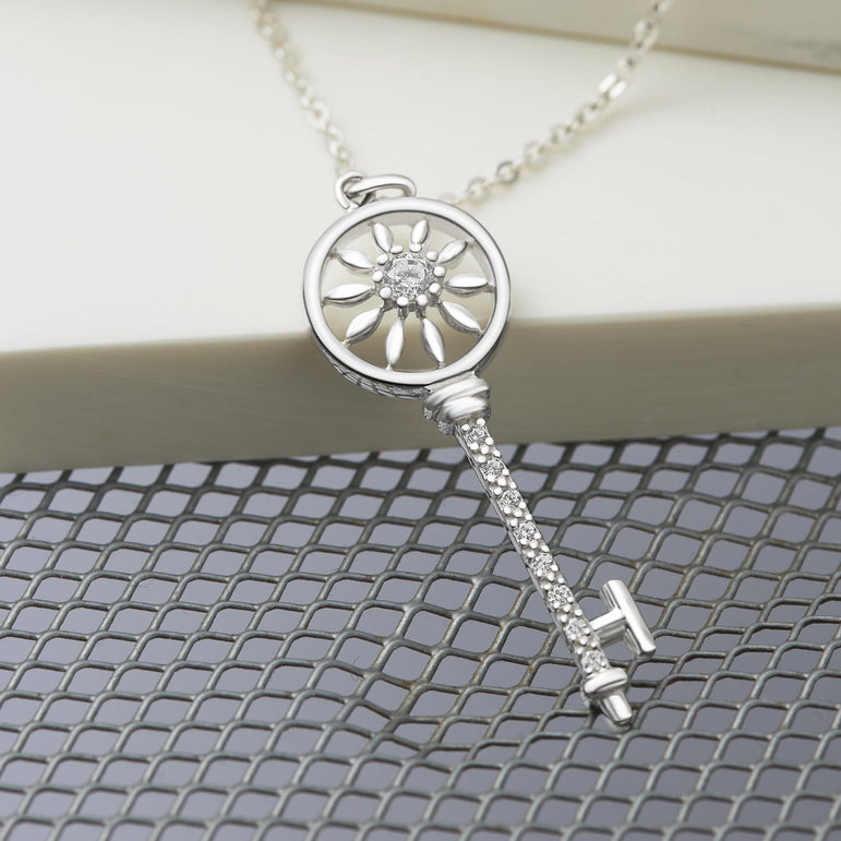 Circle Compass Key Necklace Silver Pendant Necklace
