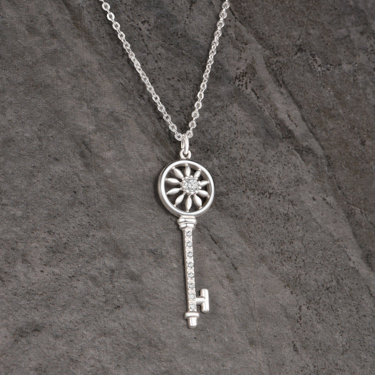 Circle Compass Key Necklace Silver Pendant Necklace