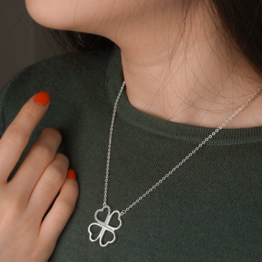 CZ Four Leaf Heart Shaped Clover Necklace Silver Pendant Necklace