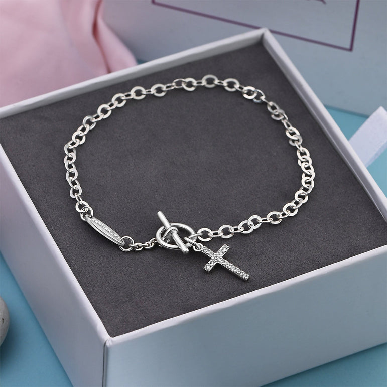 CZ Cross Bracelet in T-Bar Sterling Silver Bracelet Bracelet