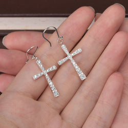 CZ Dangle Hook Cross Earrings Sterling Silver Drop Earrings