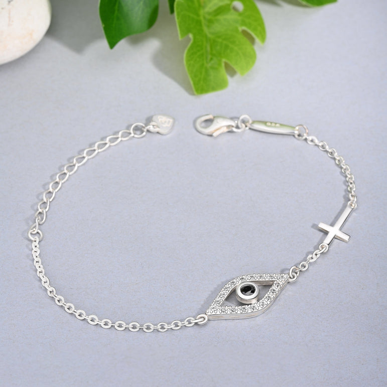 CZ Evil Eye Bracelet with Sterling Silver Cross Charm Bracelet