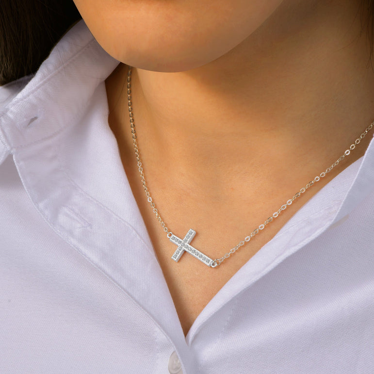 Classic Sideways Cross Necklace Sterling Silver Pendant Necklace