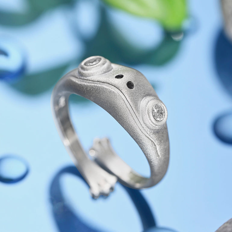 Open White CZ Adjustable Frog Ring Sterling Silver Ring