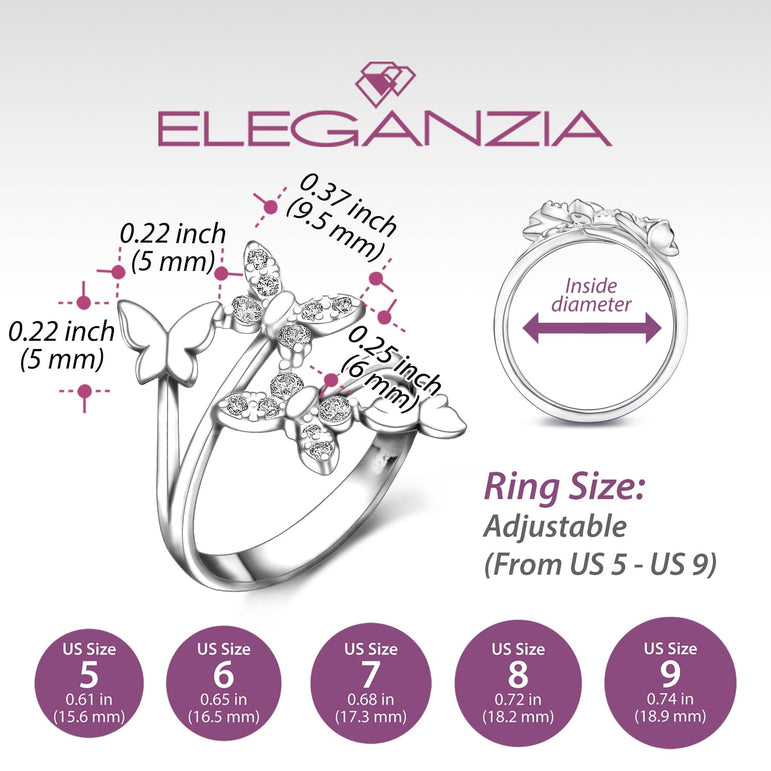Four Flying Butterfly Ring Silver Adjustable with CZ Adjustable Ring
