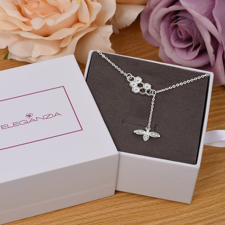 CZ Honeycomb Necklace with Bee Necklace Charm Silver Pendant Necklace