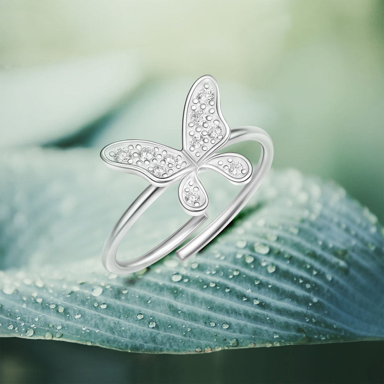 Dazzling CZ Butterfly Sterling Silver Ring Adjustable Ring