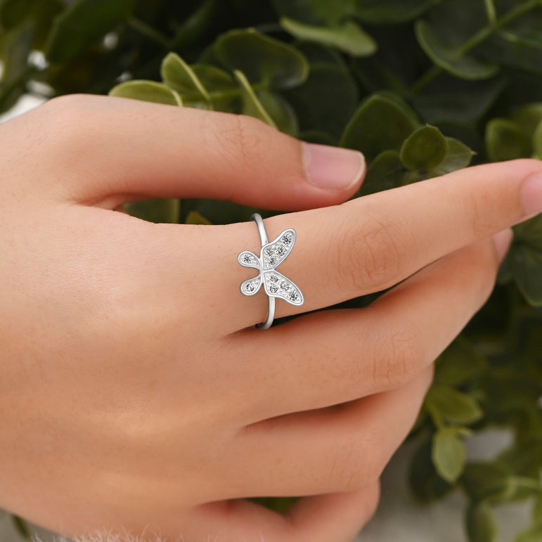 Dazzling CZ Butterfly Sterling Silver Ring Adjustable Ring