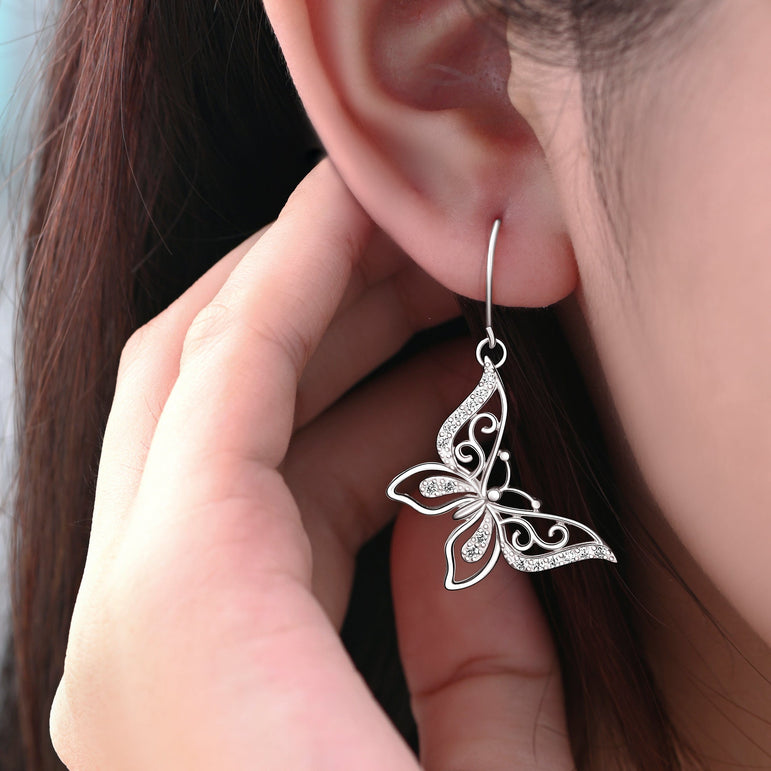 CZ Butterfly Earrings Silver Dangle Earrings Drop Earrings