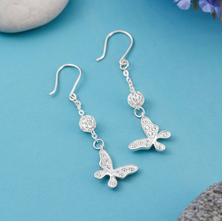 Dazzling CZ Butterfly Silver Dangle Earrings Drop Earrings