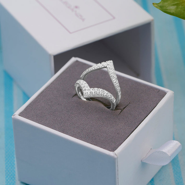Chevron Ring Double CZ V Shape Ring Silver Adjustable Adjustable Ring